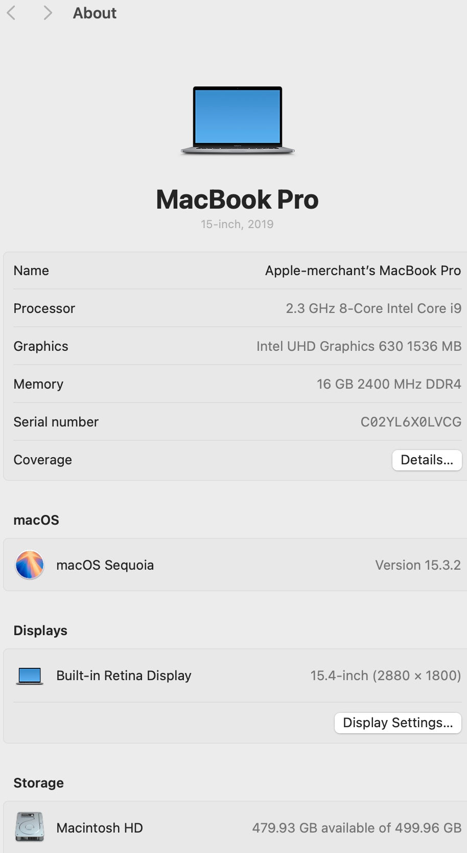 MacBook Pro (15-inch 2019) Intel i9 512GB (AZERTY Keyboard) - Space Grey (Pre-owned)