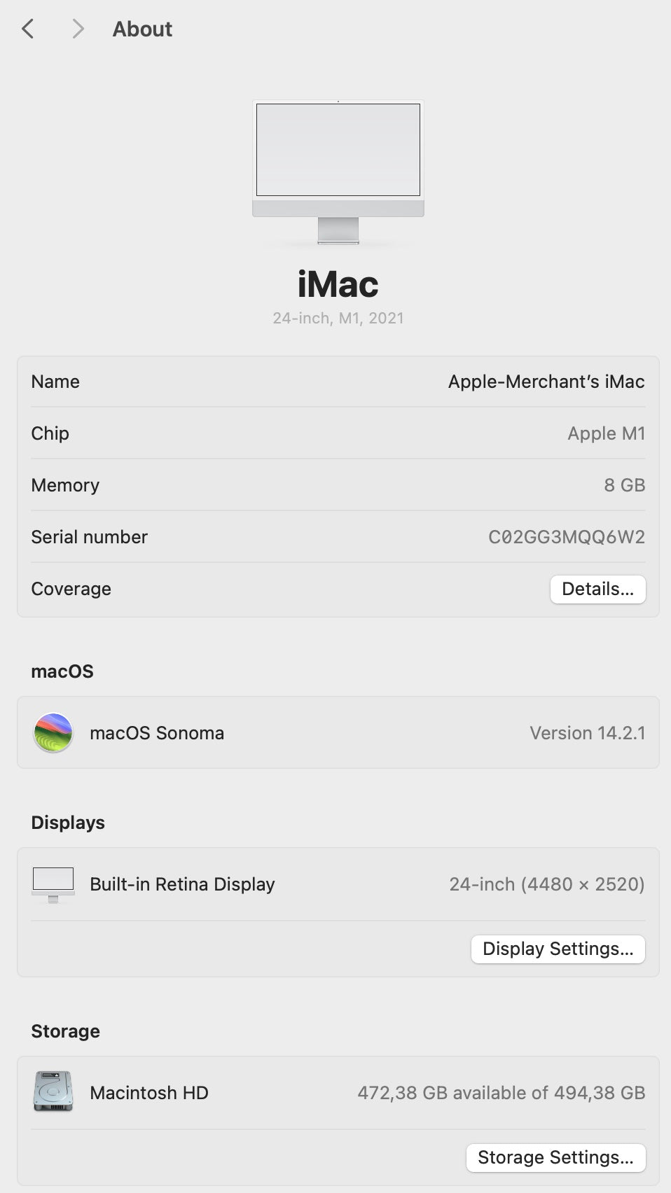 iMac 24-inch M1 Chip | 8-Core CPU, 8-Core GPU | 512GB - Silver (Pre-owned)
