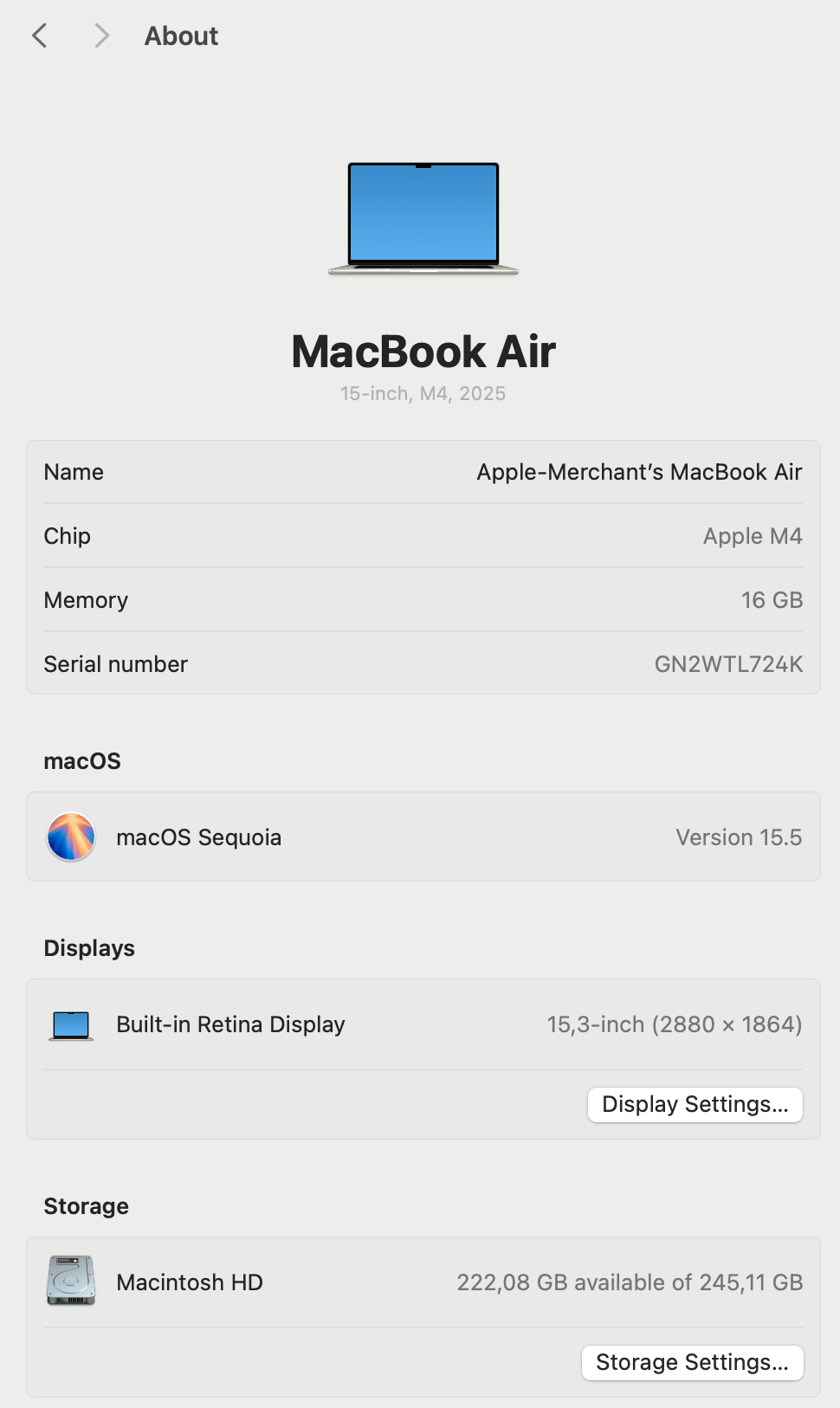 MacBook Air 15-inch | M4 Chip | 256GB | 16GB- Starlight (Pre-owned)