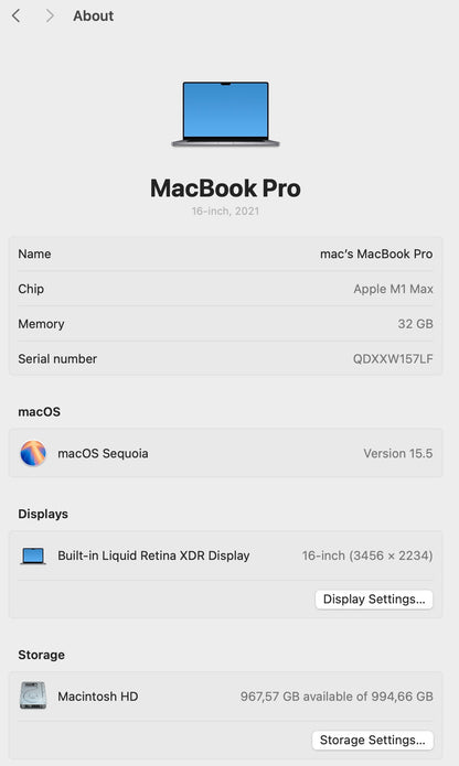 MacBook Pro 16-inch With M1 Max Chip 1TB - Space Grey (Pre-owned)