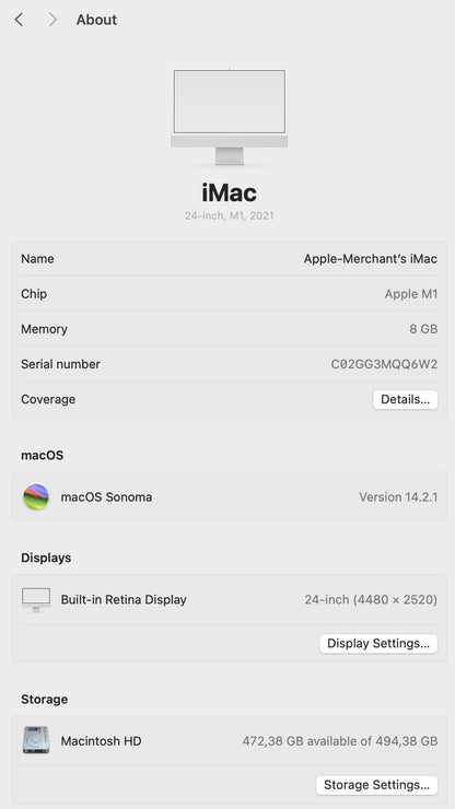 iMac 24-inch M1 Chip | 8-Core CPU, 8-Core GPU | 512GB - Silver (Pre-owned)