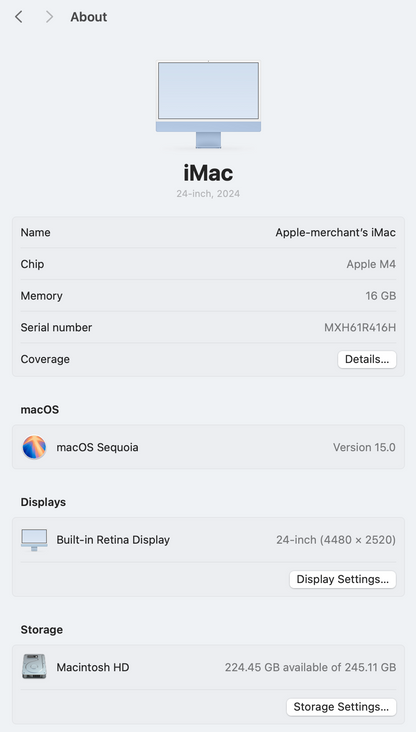 iMac 24-inch M4 Chip | 10-Core CPU, 10-Core GPU | 256GB | 16GB - Blue (Pre-owned)