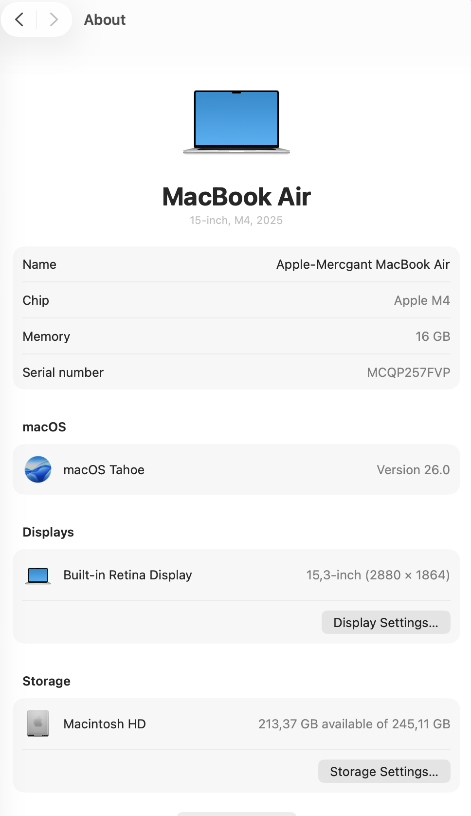 MacBook Air 15-inch | M4 Chip | 256GB | 16GB- Silver (Pre-owned)