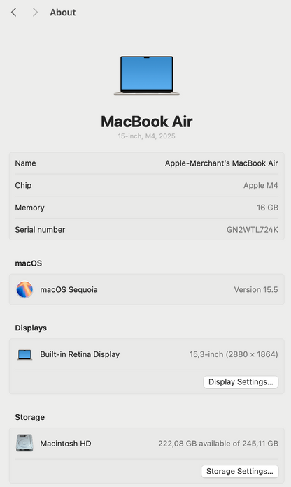 MacBook Air 15-inch | M4 Chip | 256GB | 16GB- Starlight (Pre-owned)