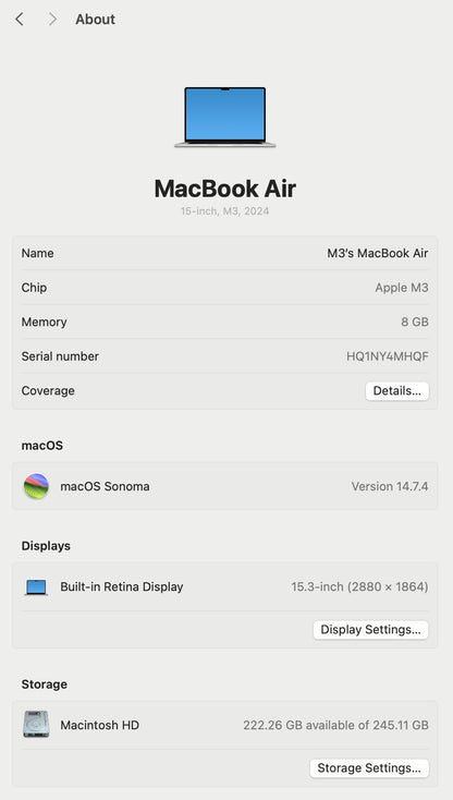 MacBook Air 15-inch | M3 Chip | 256GB - Silver (Pre-owned)