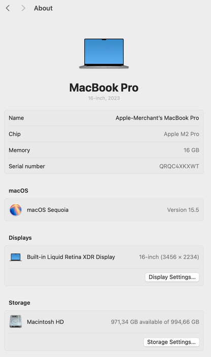 MacBook Pro 16-inch With M2 Pro Chip 1TB - Space Grey (Pre-owned)