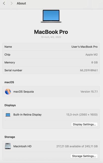 MacBook Pro 13-inch | M2 Chip | 256GB - Silver (Pre-owned)