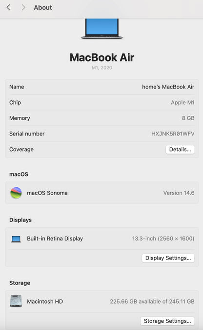 MacBook Air M1 - 256GB - Space Grey (Pre-owned)