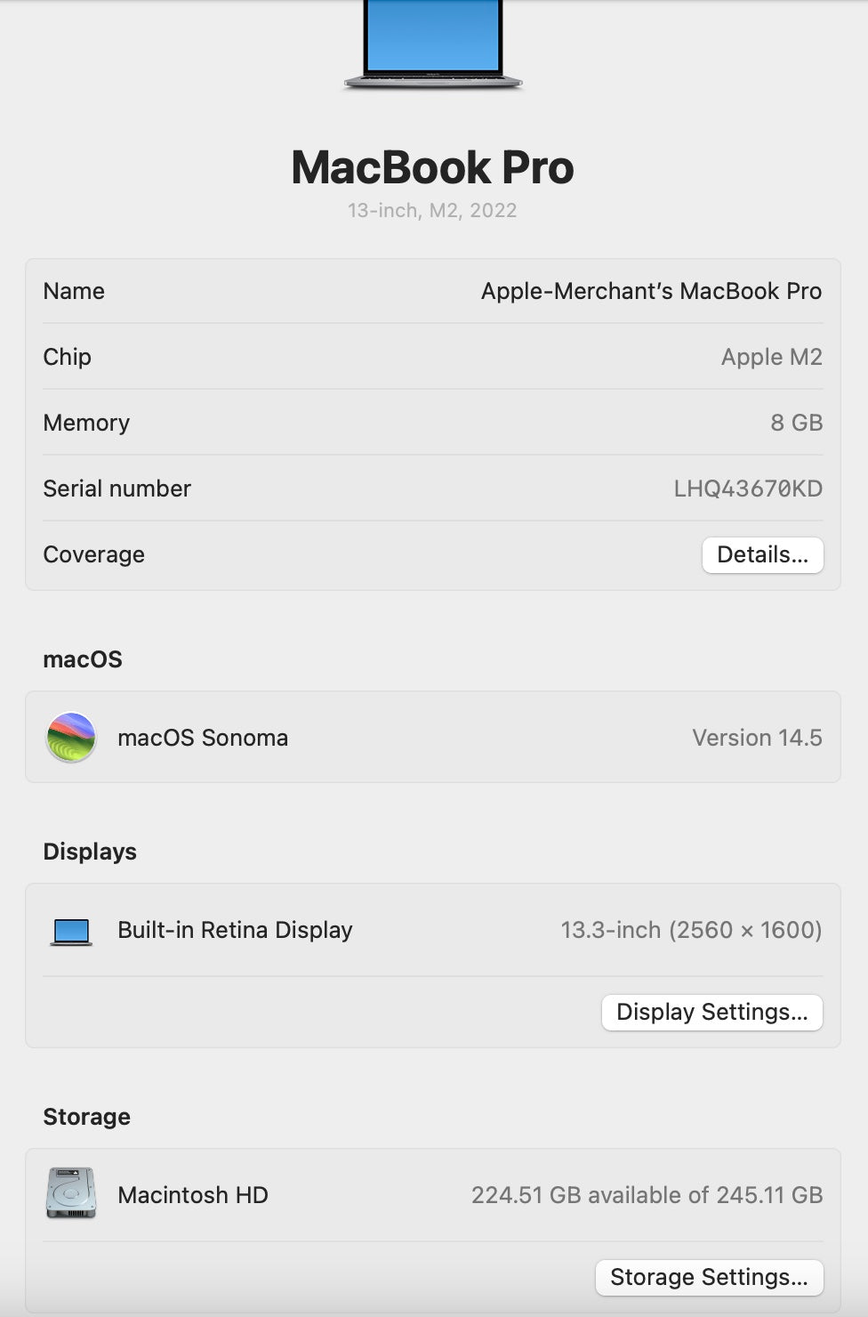 MacBook Pro 13-inch | M2 Chip | 256GB - Space Grey (Pre-owned)