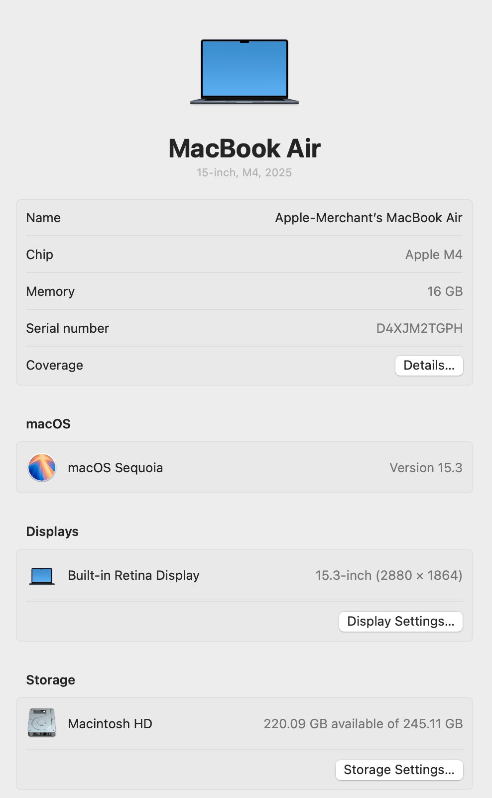 MacBook Air 15-inch | M4 Chip | 256GB | 16GB - Midnight (Pre-owned)