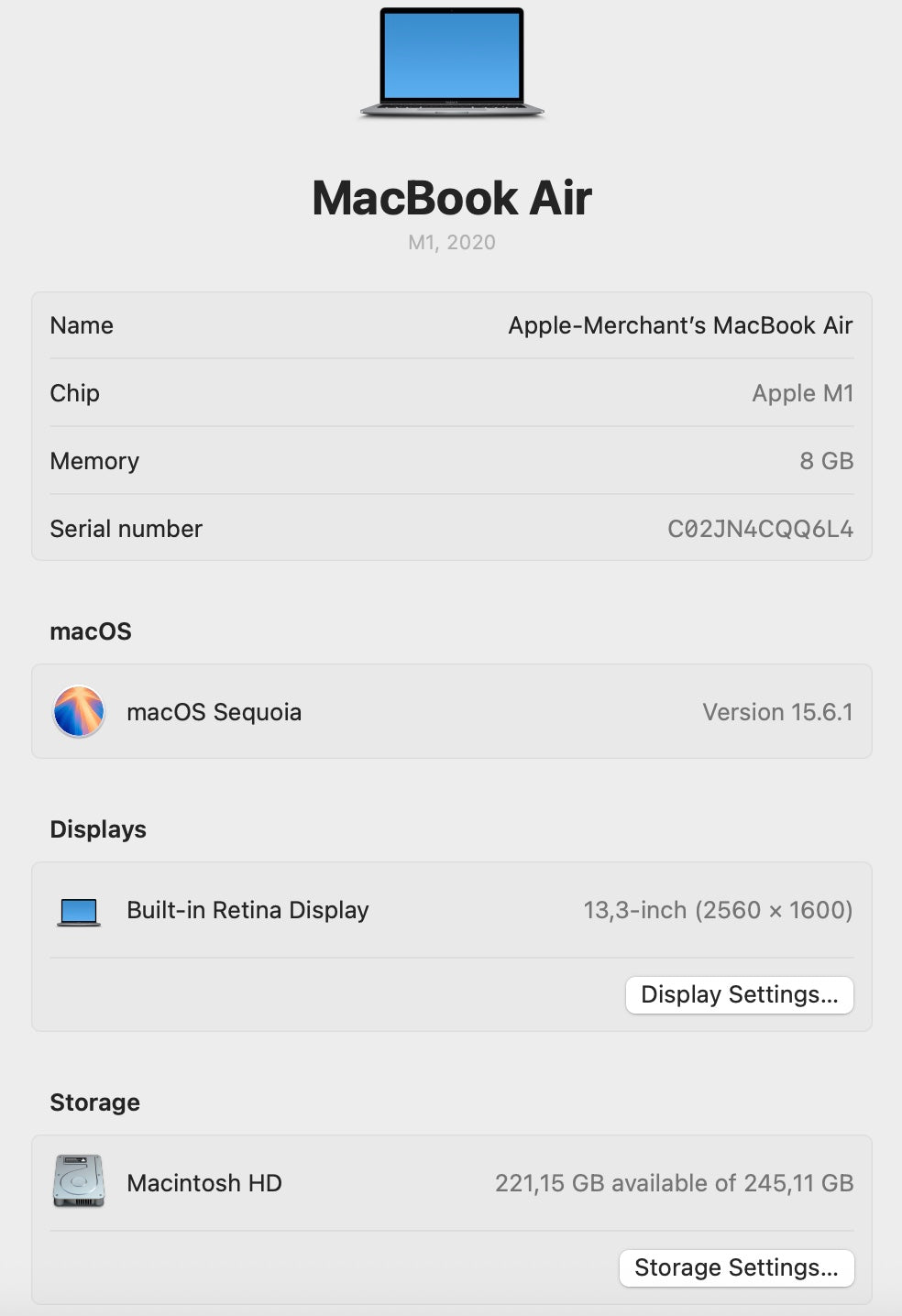 MacBook Air M1 - 256GB - Space Grey (Pre-owned)