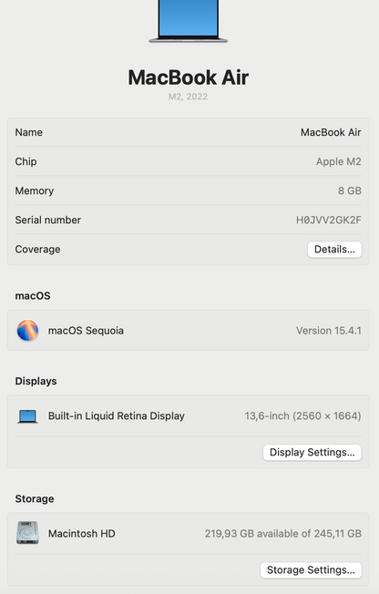 MacBook Air 13-inch | M2 Chip | 256GB - Space Grey (Pre-owned)